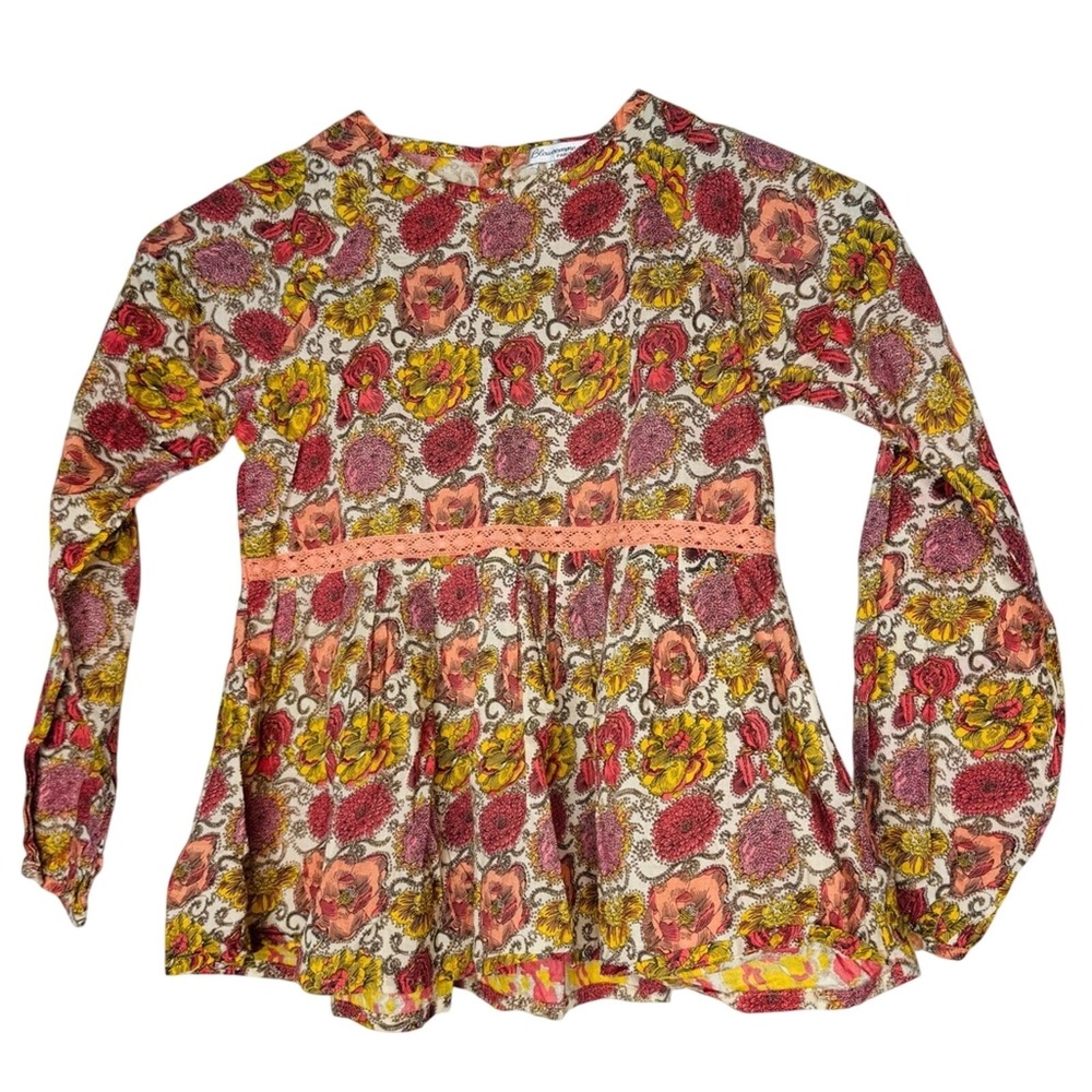 Blue Comme Gris‎ Girls Peasant Floral Top Sz 8 Long Sleeve Lace Cottagecore Boho